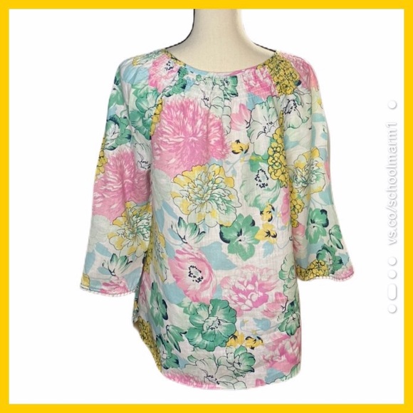 Linen Charter Club Luxury Flowered Peasant Blouse - Picture 3 of 8